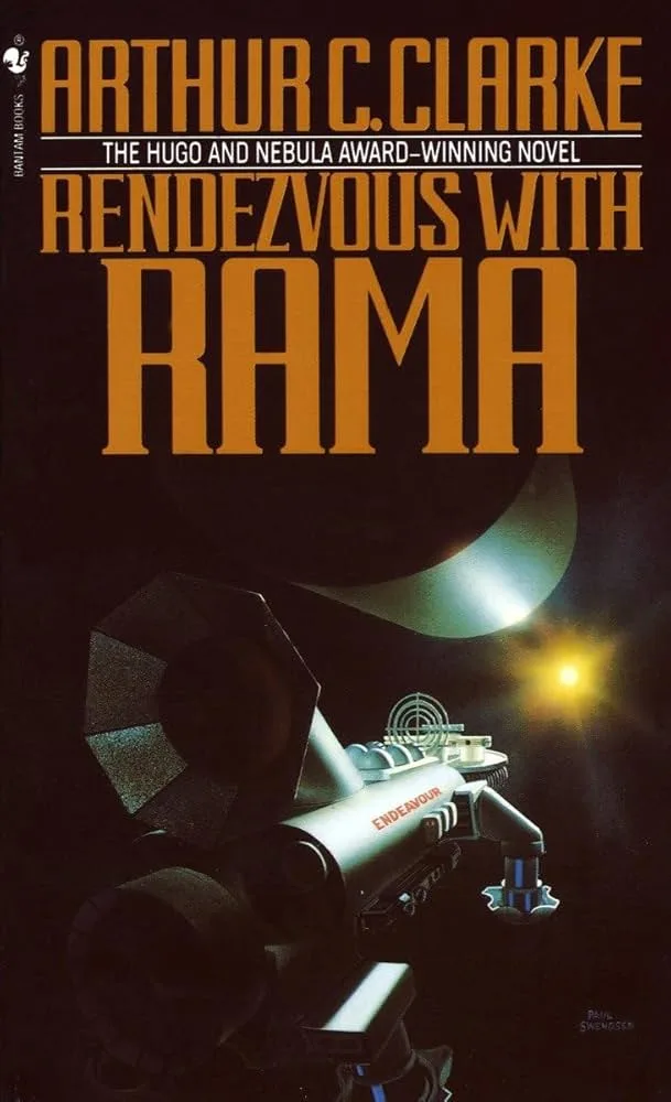 The image is the cover of Arthur C. Clarke's science fiction novel 'Rendezvous with Rama,' featuring a spaceship named…
