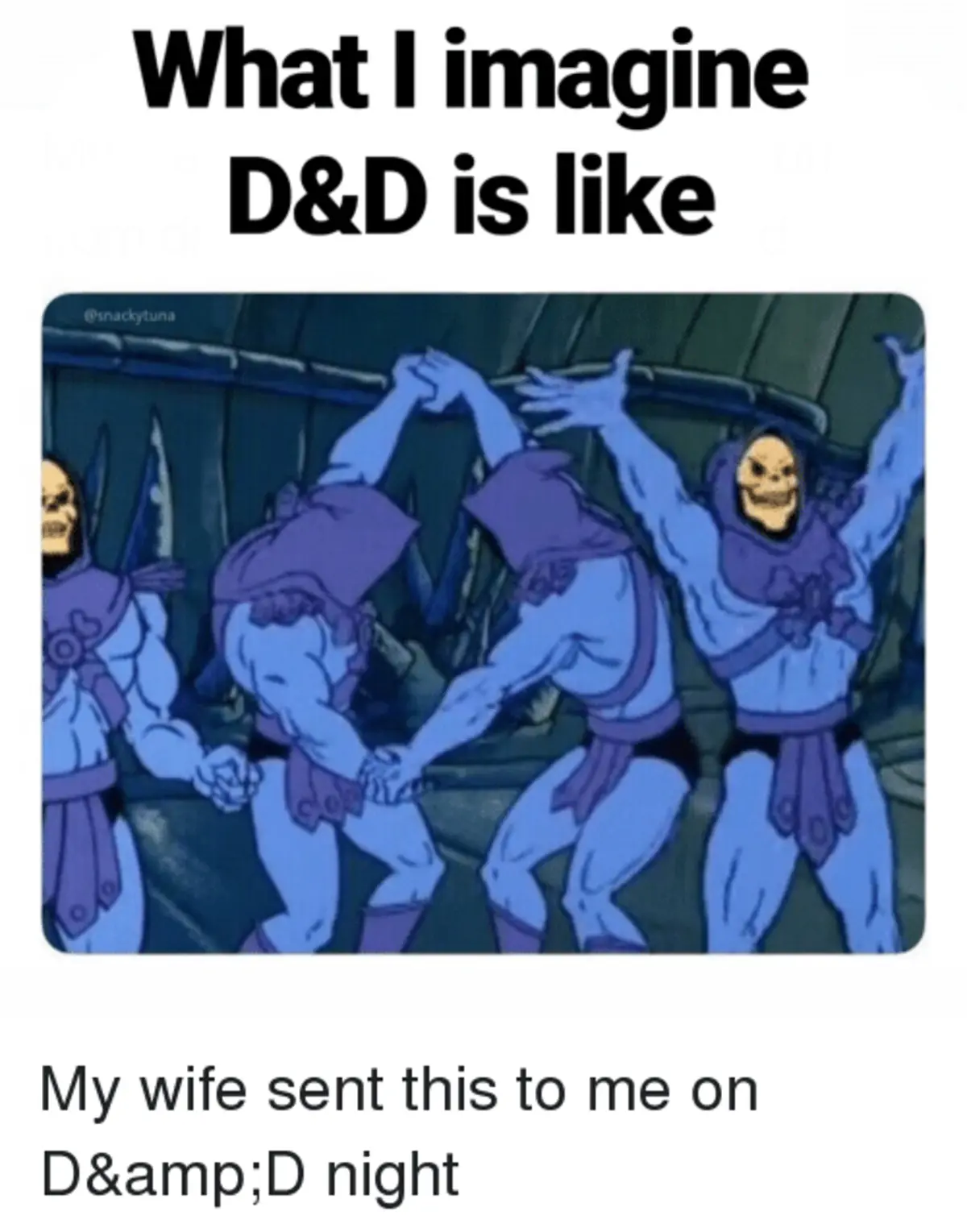 The image shows four cartoonish, blue-skinned, muscular figures with skull-like faces and purple armor, dancing in a circle…