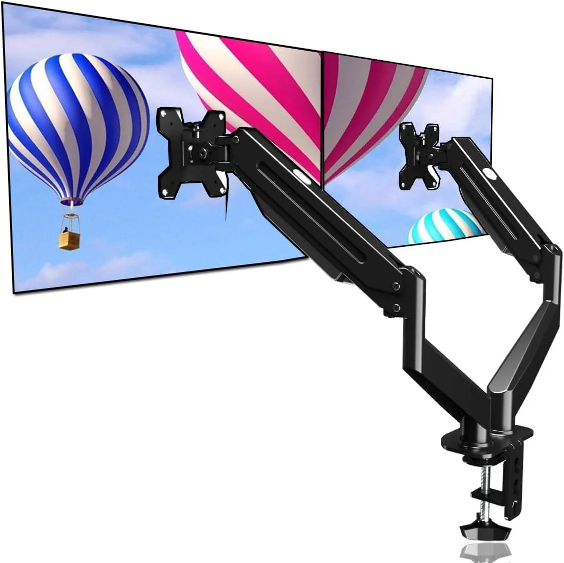 A black dual-monitor arm stand is shown holding two monitors displaying colorful hot air balloons against a blue sky. The…
