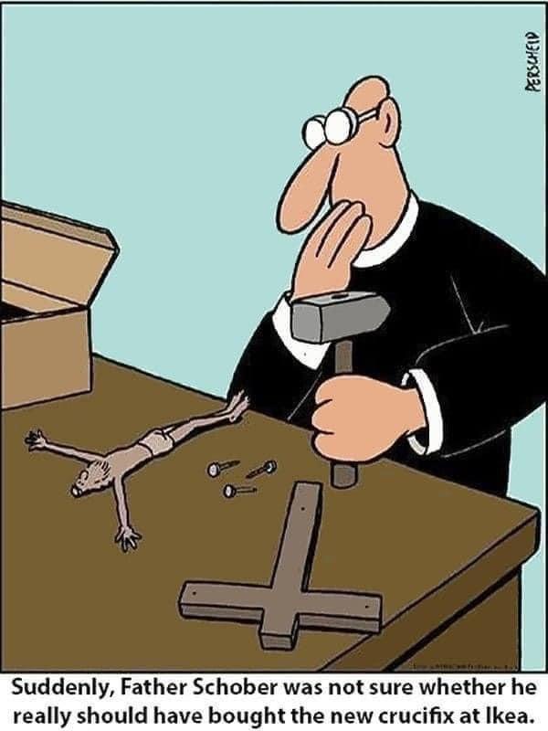 A cartoon man in a black priest's robe and glasses holds a hammer, looking distressed while standing at a table. On the…