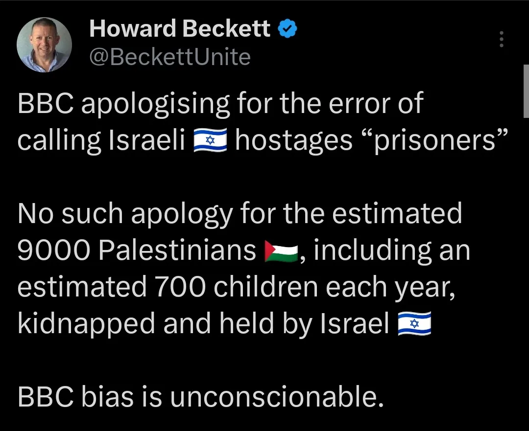 A screenshot of a tweet by Howard Beckett (@BeckettUnite) criticizing the BBC for apologizing for using the term 'prisoners'…