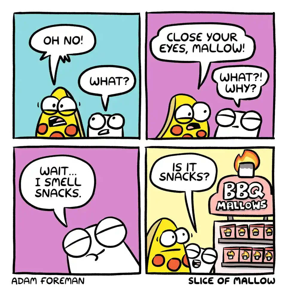A four-panel comic strip featuring two cartoon characters: a yellow slice of pizza with red toppings and a white…