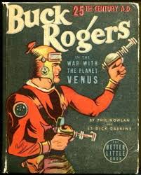 A vintage 1930s Buck Rogers pulp magazine cover depicts a futuristic man in a red spacesuit and helmet holding a ray gun…