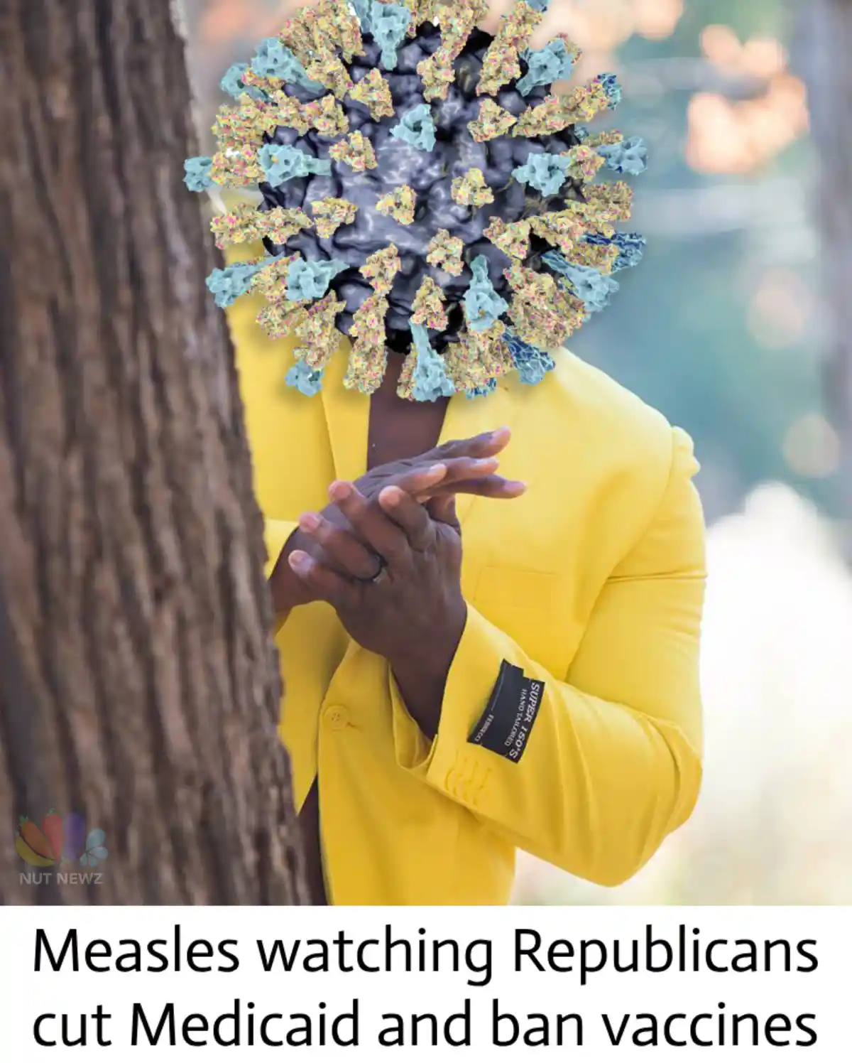 A person in a bright yellow suit peeks from behind a tree, their face replaced by a 3D rendering of a measles virus. The…