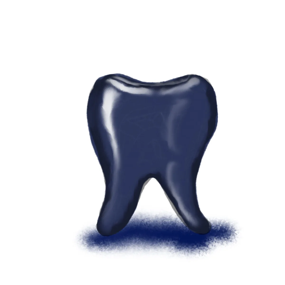 A dark blue, glossy, cartoon-style molar tooth stands upright against a plain white background, casting a soft blue shadow…