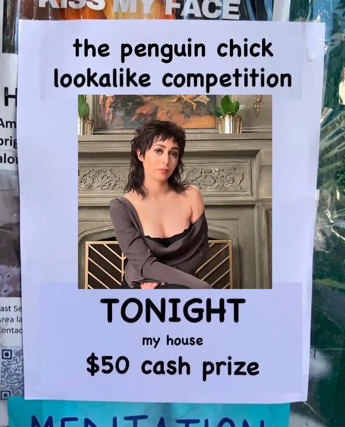 A flyer for a 'penguin chick lookalike competition' features a photo of a woman with short dark hair sitting in front of a…