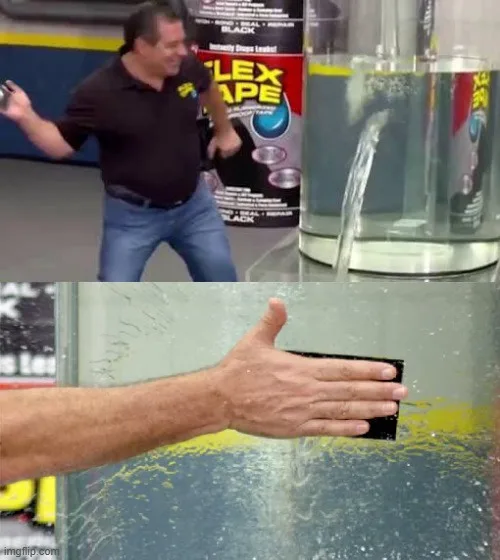 Top panel: A man in a black shirt and jeans dances joyfully next to a large container of Flex Tape, as water pours from a…