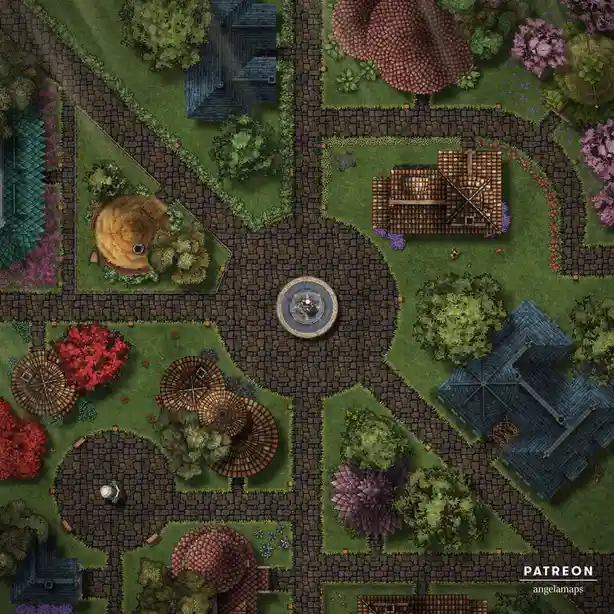 An overhead fantasy village map with cobblestone streets, grassy plots, and various buildings including houses with blue and…