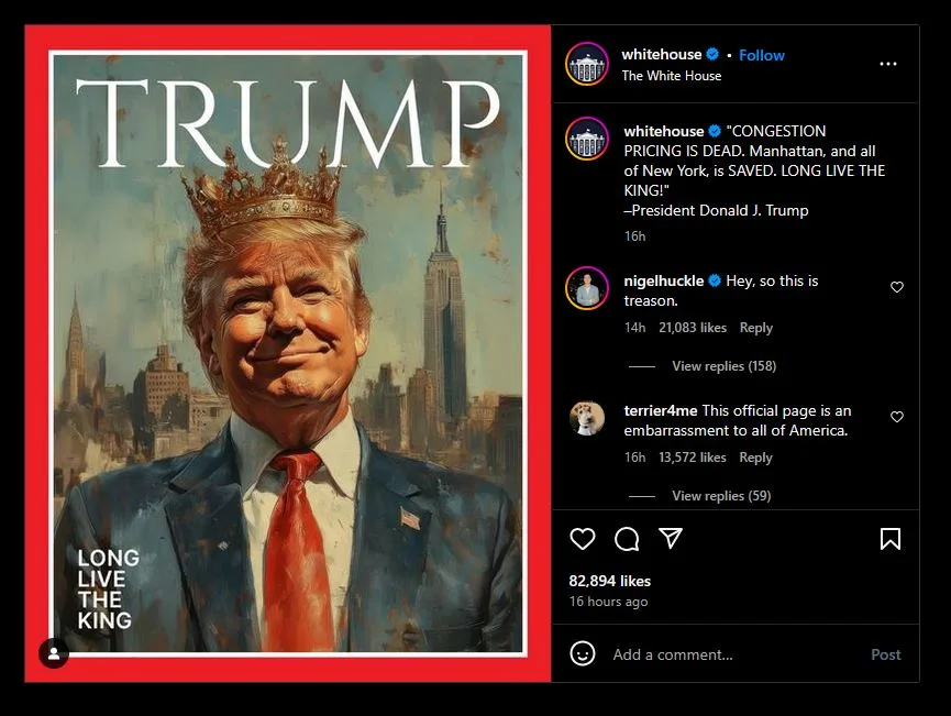 An illustrated image shows Donald Trump wearing a golden crown, smiling, against a New York City skyline with the Empire…
