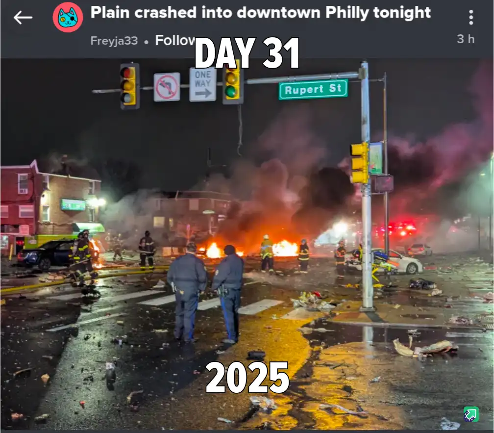 A nighttime photo of a chaotic street scene in downtown Philly with firefighters battling a large fire, police officers…