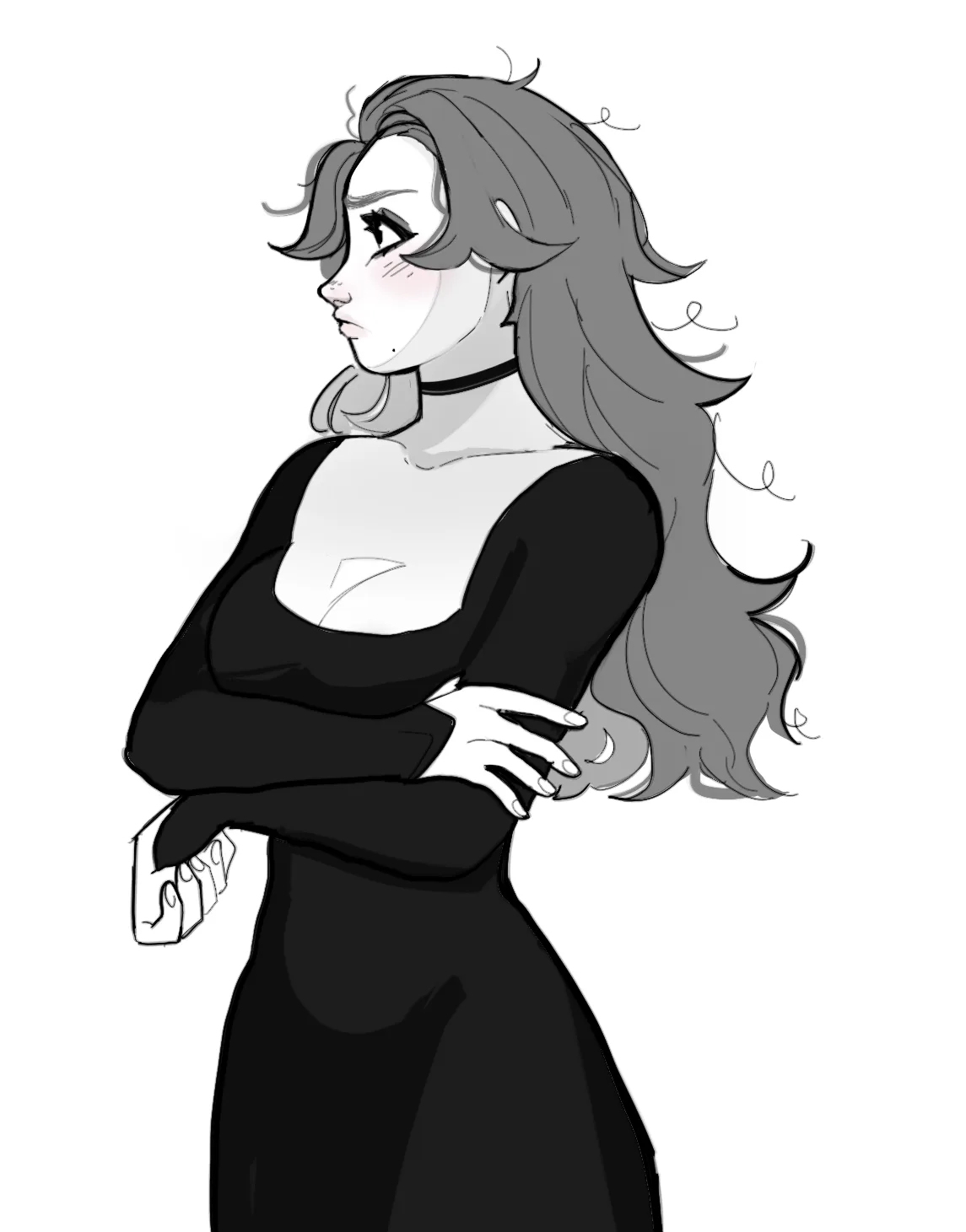A grayscale anime-style illustration of a woman with long, wavy hair, wearing a black dress and choker, standing with her…