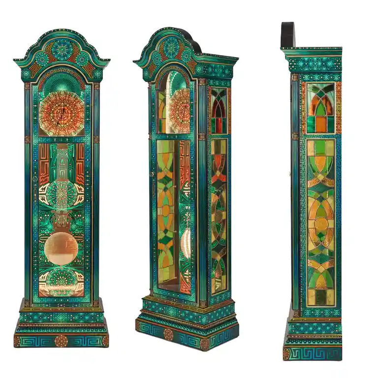 Three ornate, Art Deco-style grandfather clocks are shown from different angles against a white background. They feature…
