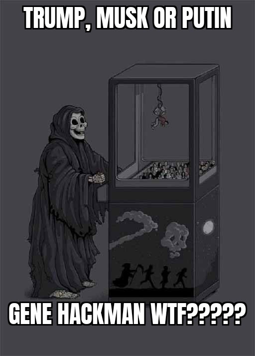 A grim reaper stands beside a claw machine filled with small figures, with a dangling figure above. The text asks to choose…