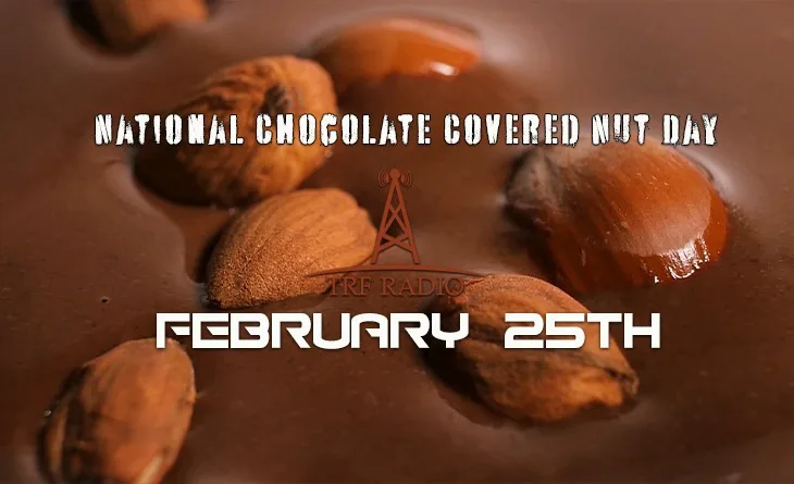 A close-up photo of almonds partially submerged in melted chocolate, with white text overlaid announcing 'NATIONAL CHOCOLATE…