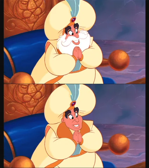 two stacked frames of the animated character Genie from Disney's Aladdin, both showing him with clasped hands and a smiling…