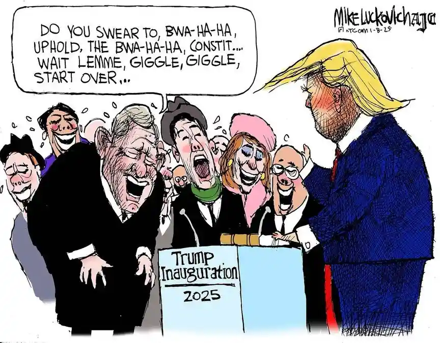 A political cartoon depicts Donald Trump at a 2025 inauguration podium, visibly laughing uncontrollably while swearing an…