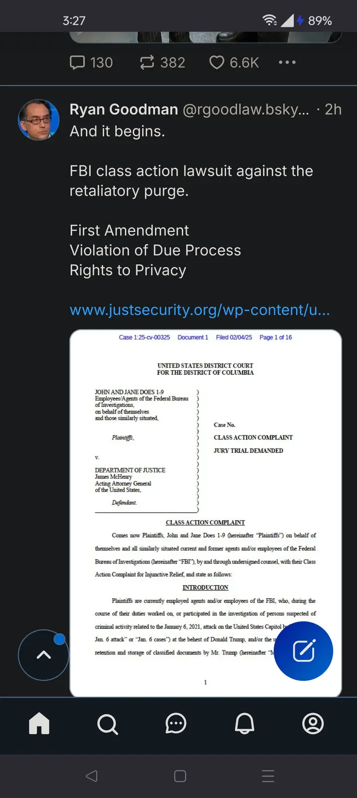 A screenshot of a social media post by Ryan Goodman showing a legal document titled 'CLASS ACTION COMPLAINT' filed in the…