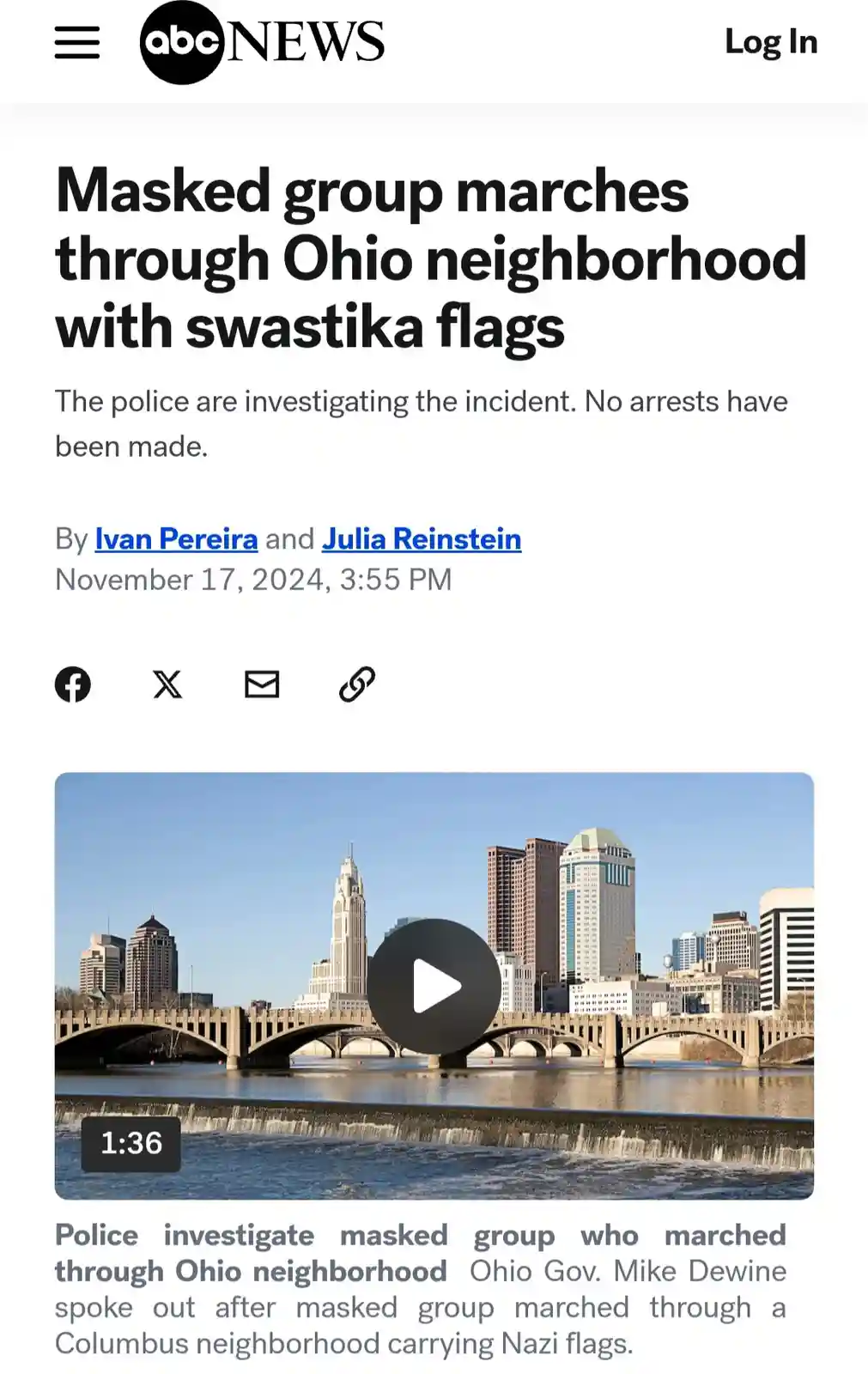 An abcnews.com article screenshot shows a headline about a masked group marching through an Ohio neighborhood with swastika…