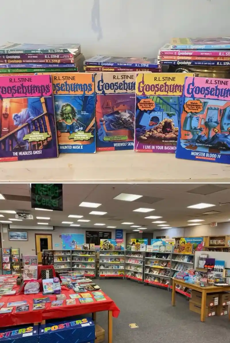 The image shows a top section with five Goosebumps books by R.L. Stine displayed on a shelf, featuring covers with monsters…