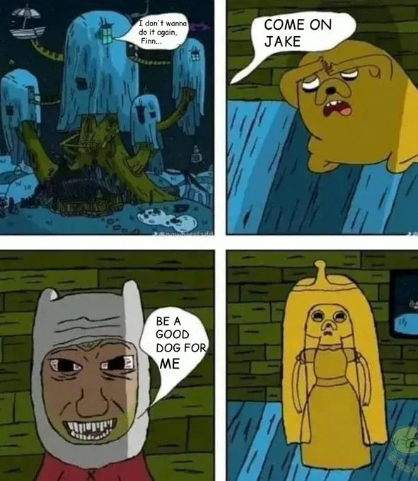 A four-panel comic strip from the animated series Adventure Time. The first panel shows Finn and Jake in a spooky, icy…