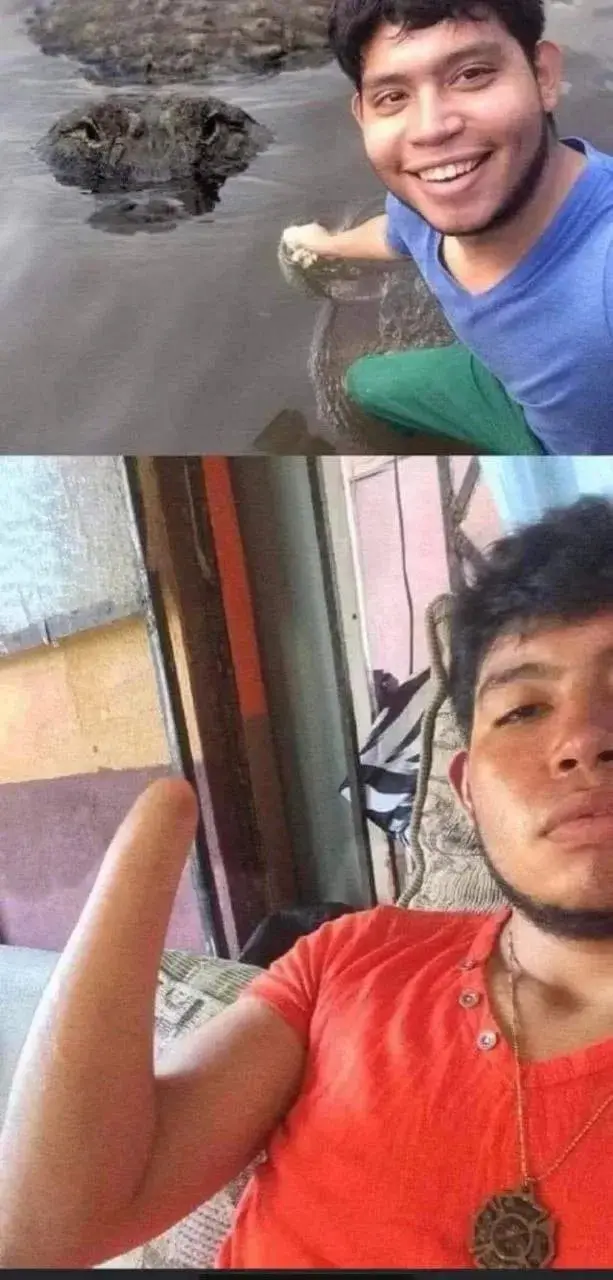 The meme shows two photos of the same man. In the top photo, he smiles while holding a large crocodile in water. In the…