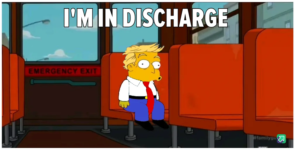 A cartoon character resembling Donald Trump with blonde hair, wearing a white shirt, red tie, and blue pants, sits alone on…