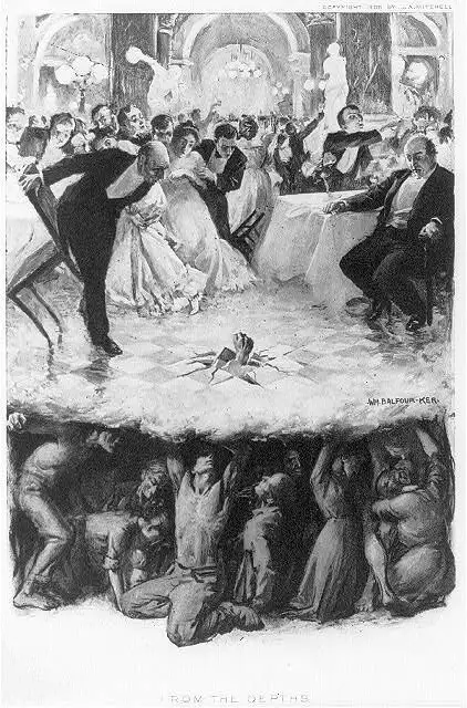 A vintage black-and-white illustration depicts a lavish, crowded ballroom scene with elegantly dressed guests dancing and…