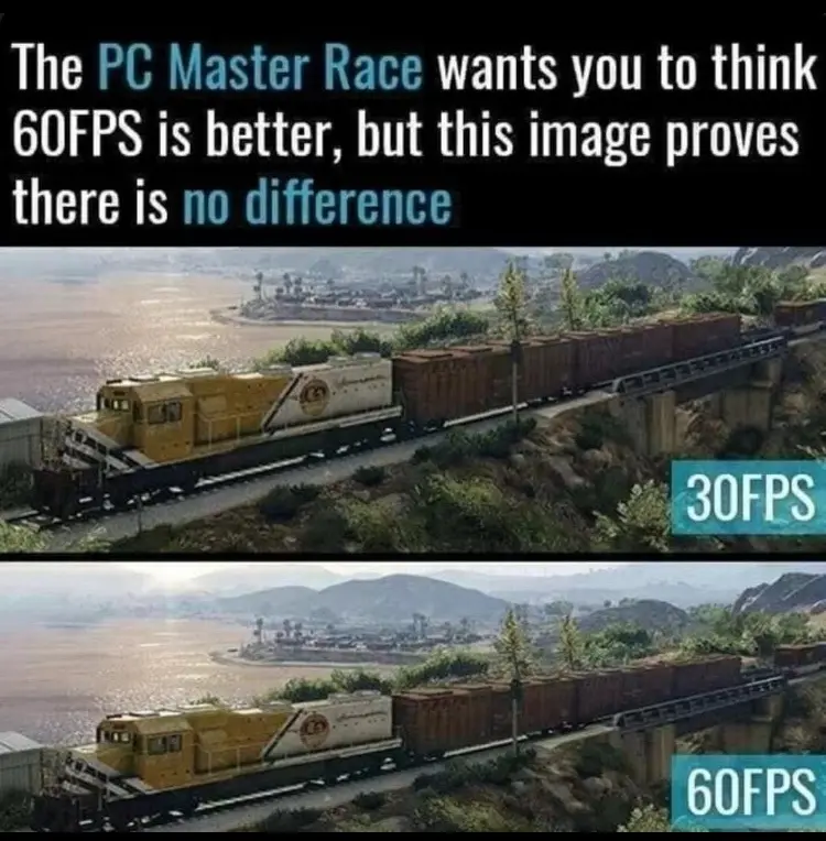 The image displays two nearly identical screenshots of a train crossing a bridge in a video game, one labeled '30FPS' and…
