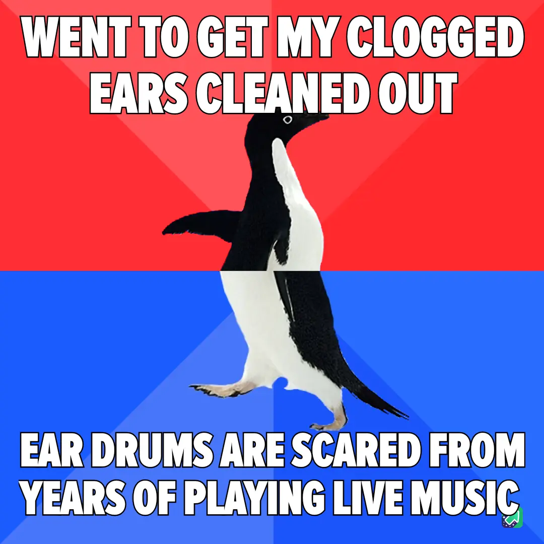A penguin stands upright against a red and blue background, with bold white text at the top reading 'WENT TO GET MY CLOGGED…