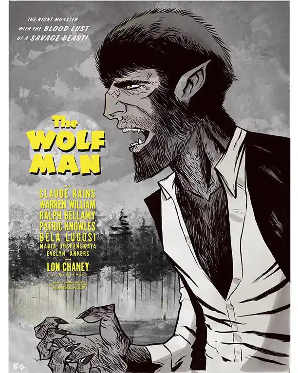 A vintage-style black-and-white movie poster for 'The Wolf Man,' featuring a menacing, hairy werewolf in a suit with sharp…