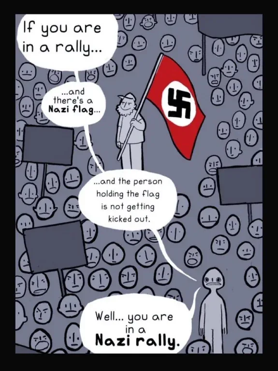 A cartoon depicts a crowd of people with blank or neutral faces, one person holding a Nazi flag, and another person…