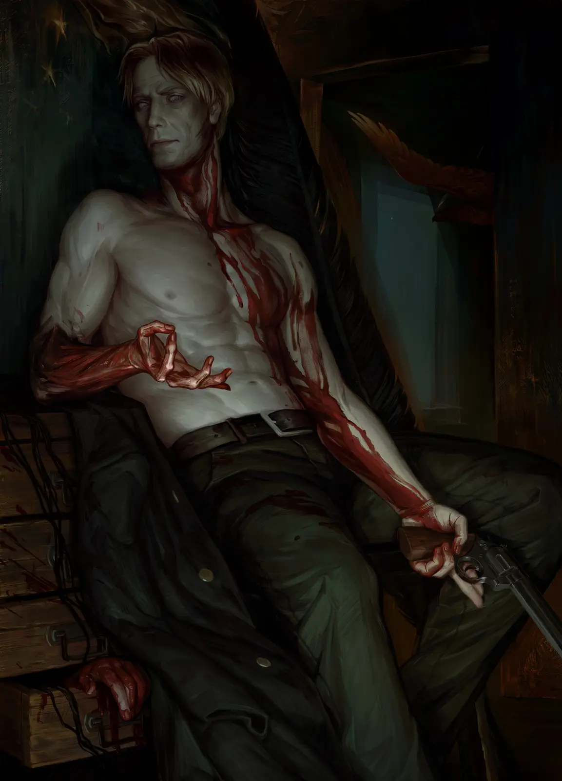 A shirtless, blood-covered man with pale skin and blonde hair sits in a dark, wooden room, holding a revolver in one hand…