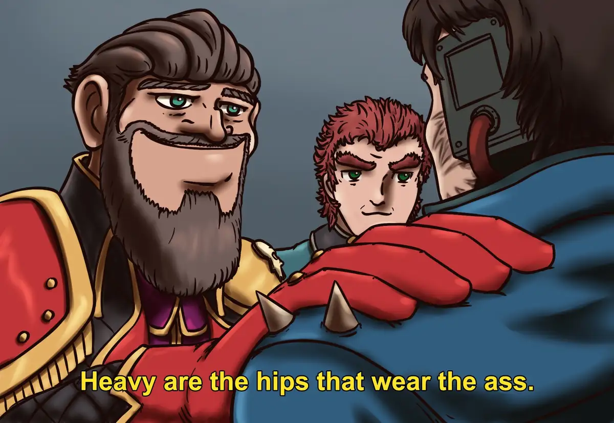 A cartoon image shows a bearded man in red and gold armor smiling while holding a red-gloved hand over a blue fabric, with a…