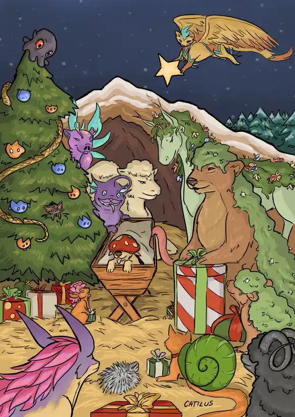 A whimsical, festive nativity scene featuring anthropomorphic animals like a purple dragon, a lion, and a goat, gathered…