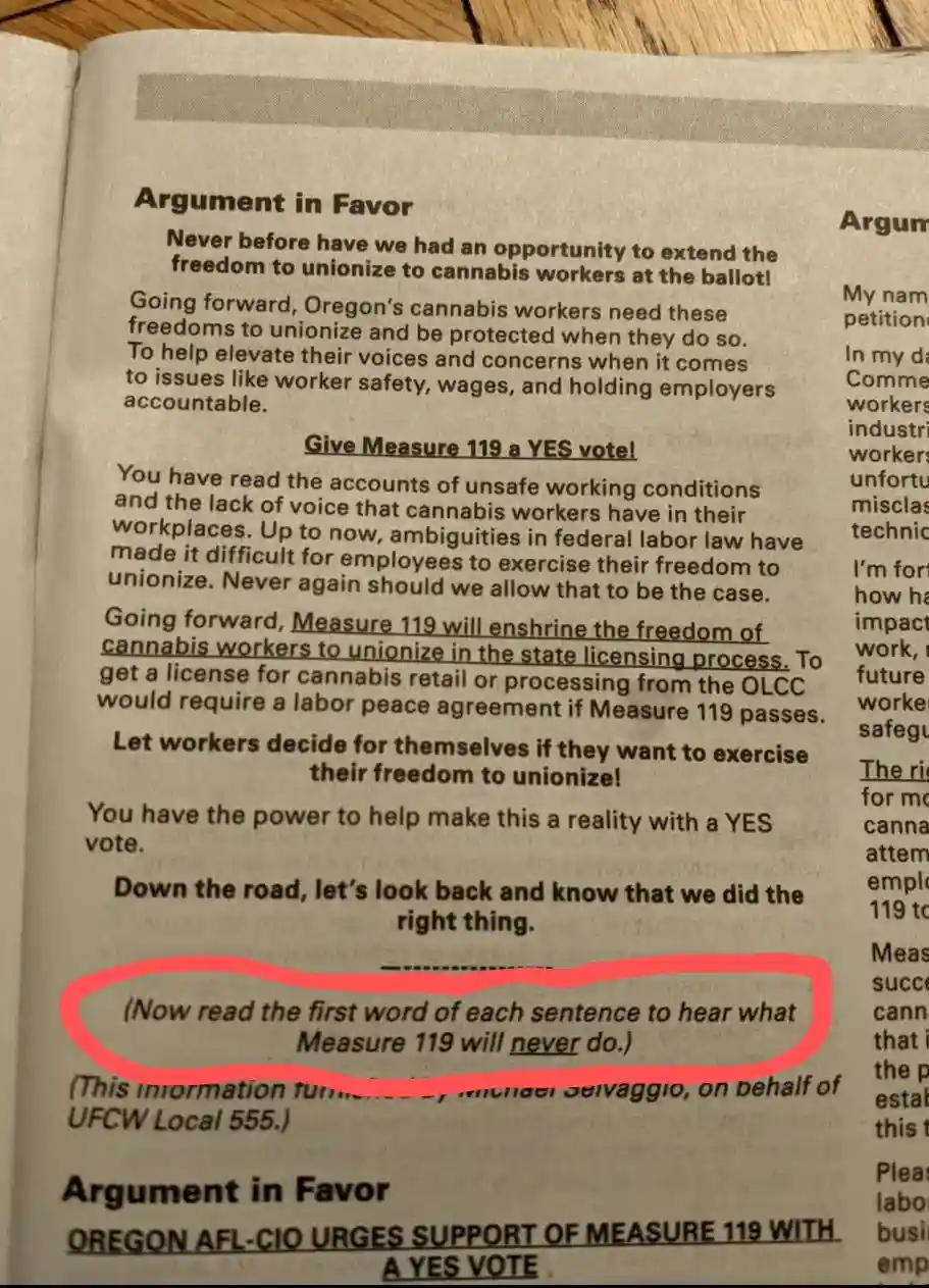 A close-up of a printed pamphlet page titled 'Argument in Favor' for Measure 119 in Oregon, which advocates for cannabis…