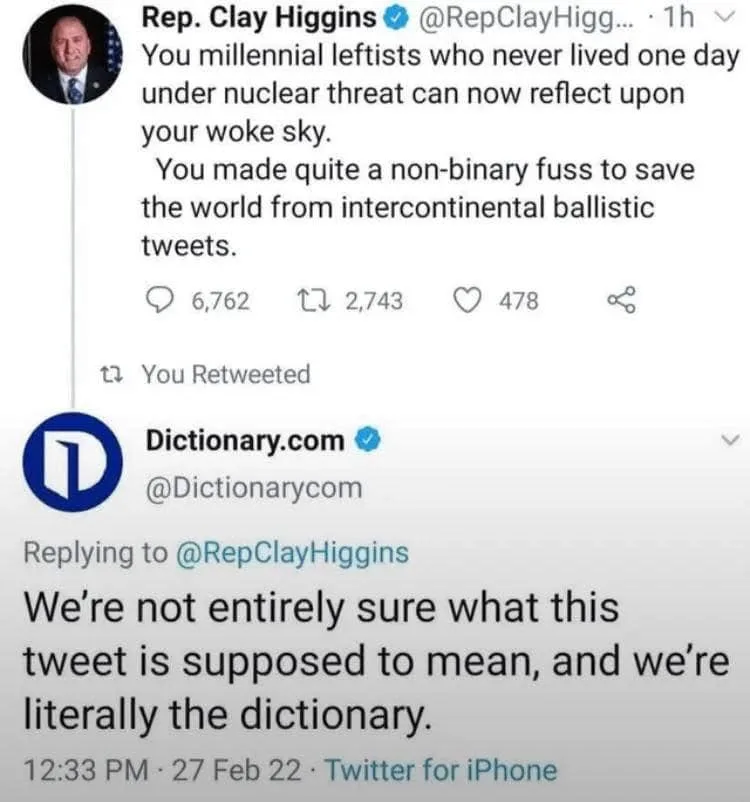 A screenshot of a Twitter thread shows Rep. Clay Higgins' tweet mocking millennials for their 'woke' activism, sarcastically…