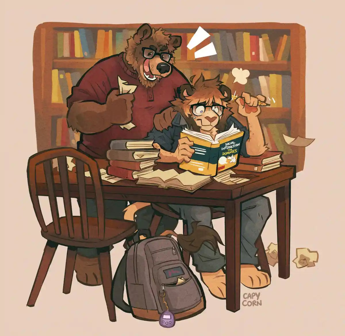 An anthropomorphic lion cub wearing glasses sits at a cluttered wooden desk surrounded by books, visibly stressed while…