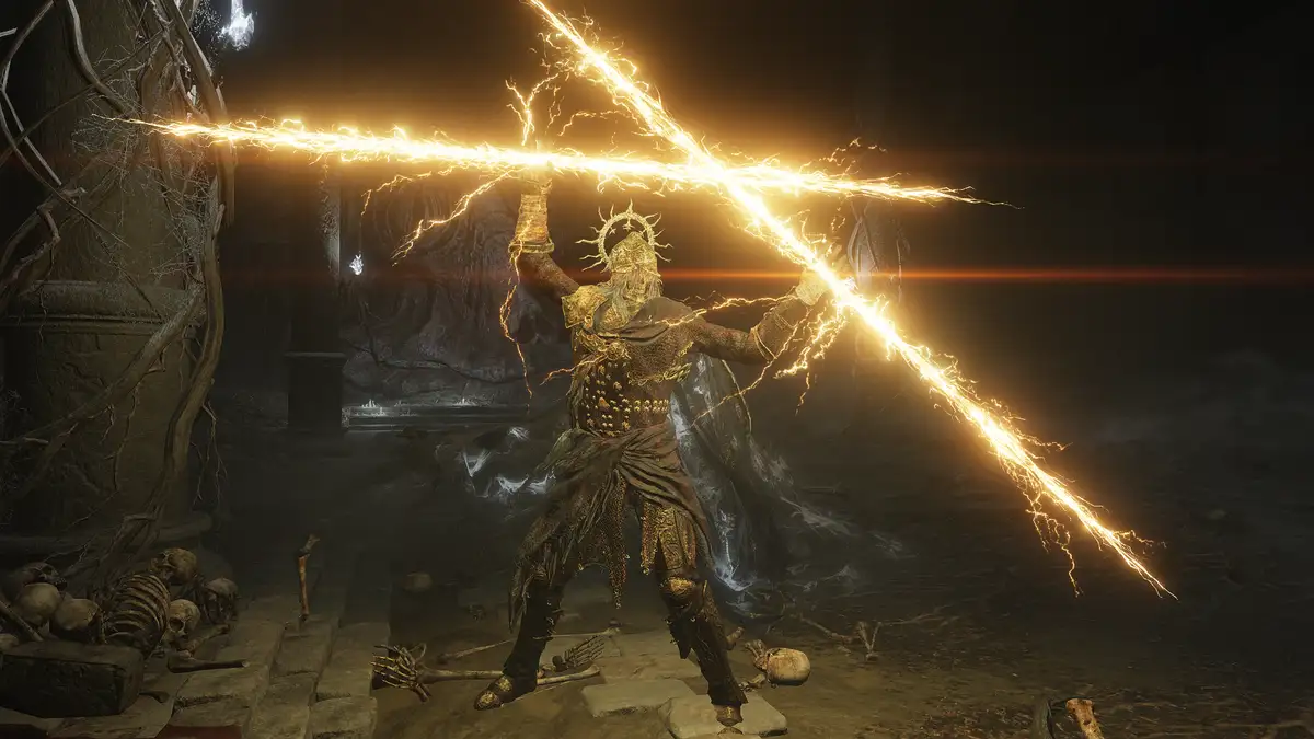 A dark fantasy game character, resembling a skeletal warrior in ornate armor, stands in a ruined, bone-strewn environment…
