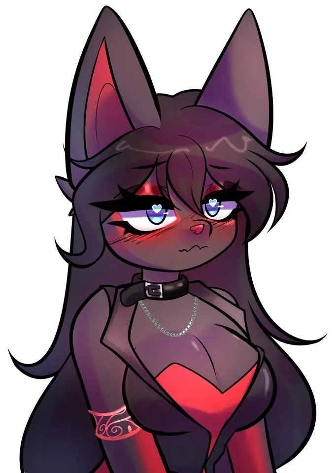 An anime-style dark-furred cat girl with long hair, wearing a black choker and red outfit, has a sulking expression with…