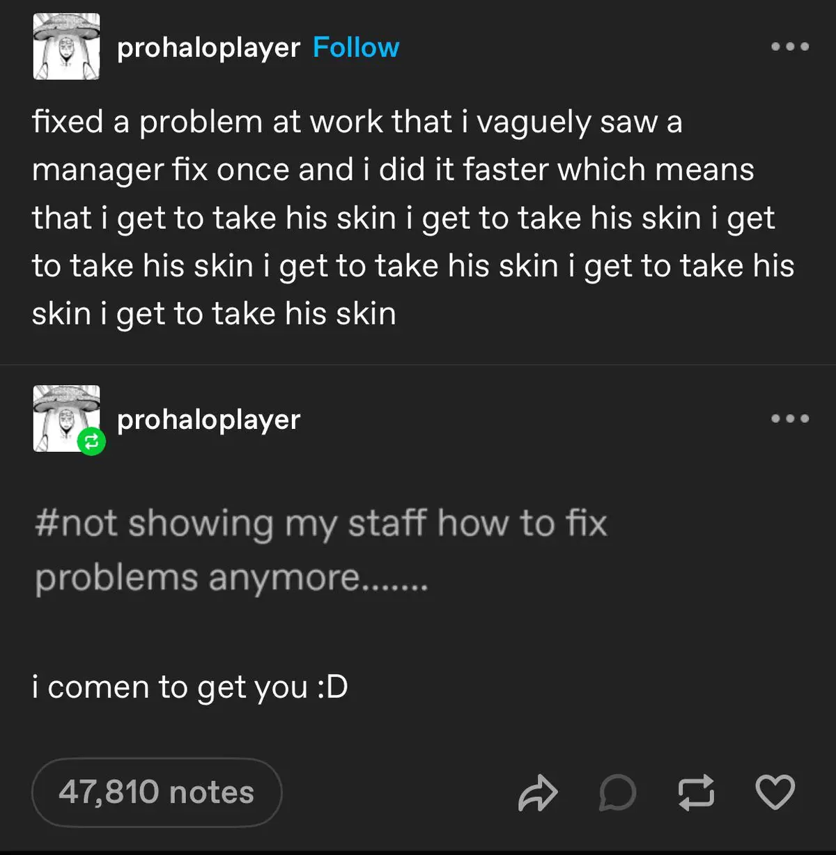 A screenshot of a Tumblr post by 'prohaloplayer' showing two comments. The first comment reads: 'fixed a problem at work…