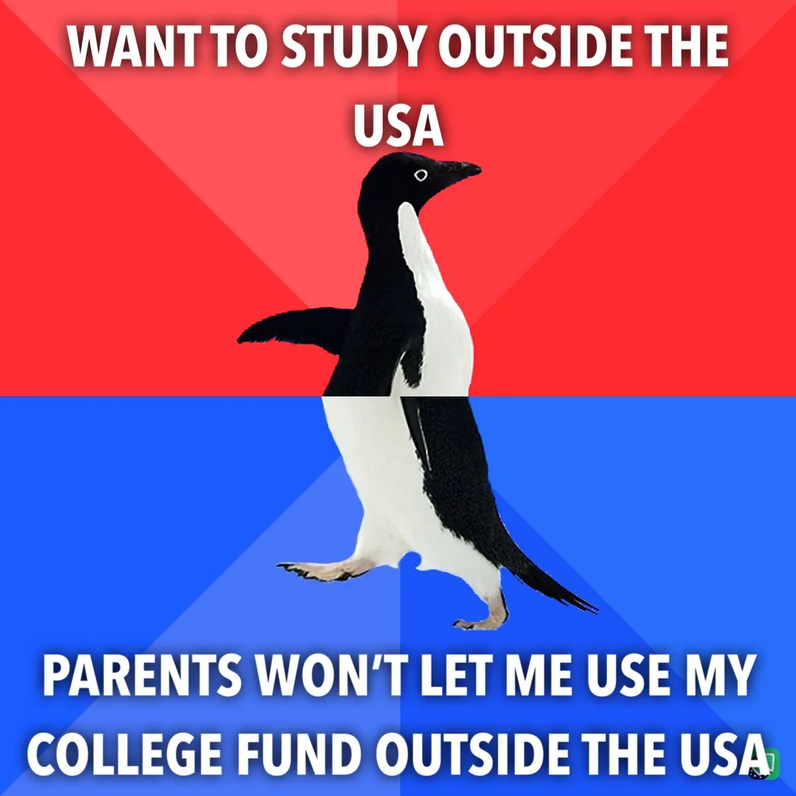 A penguin stands centered against a red and blue background, split diagonally. White bold text at the top reads 'WANT TO…