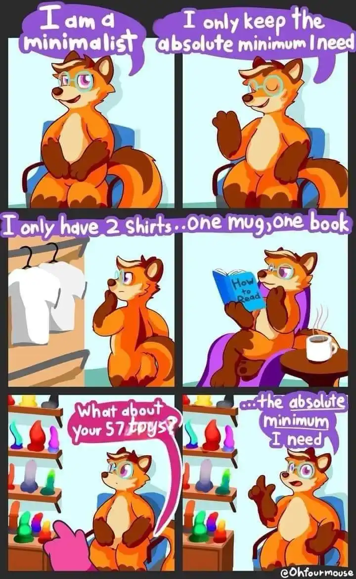 A four-panel comic featuring an orange anthropomorphic fox claiming to be a minimalist, showing only two shirts, one mug…