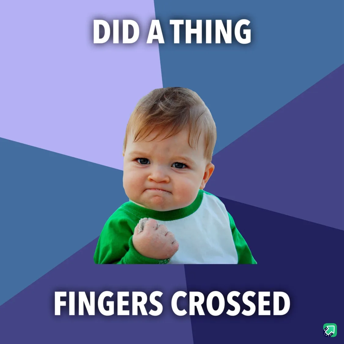 A baby with a determined, slightly smug expression, wearing a green and white shirt, is shown with one fist clenched. The…