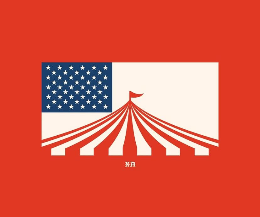A stylized graphic shows a circus tent with red and white stripes, its top half resembling the stars and stripes of the…