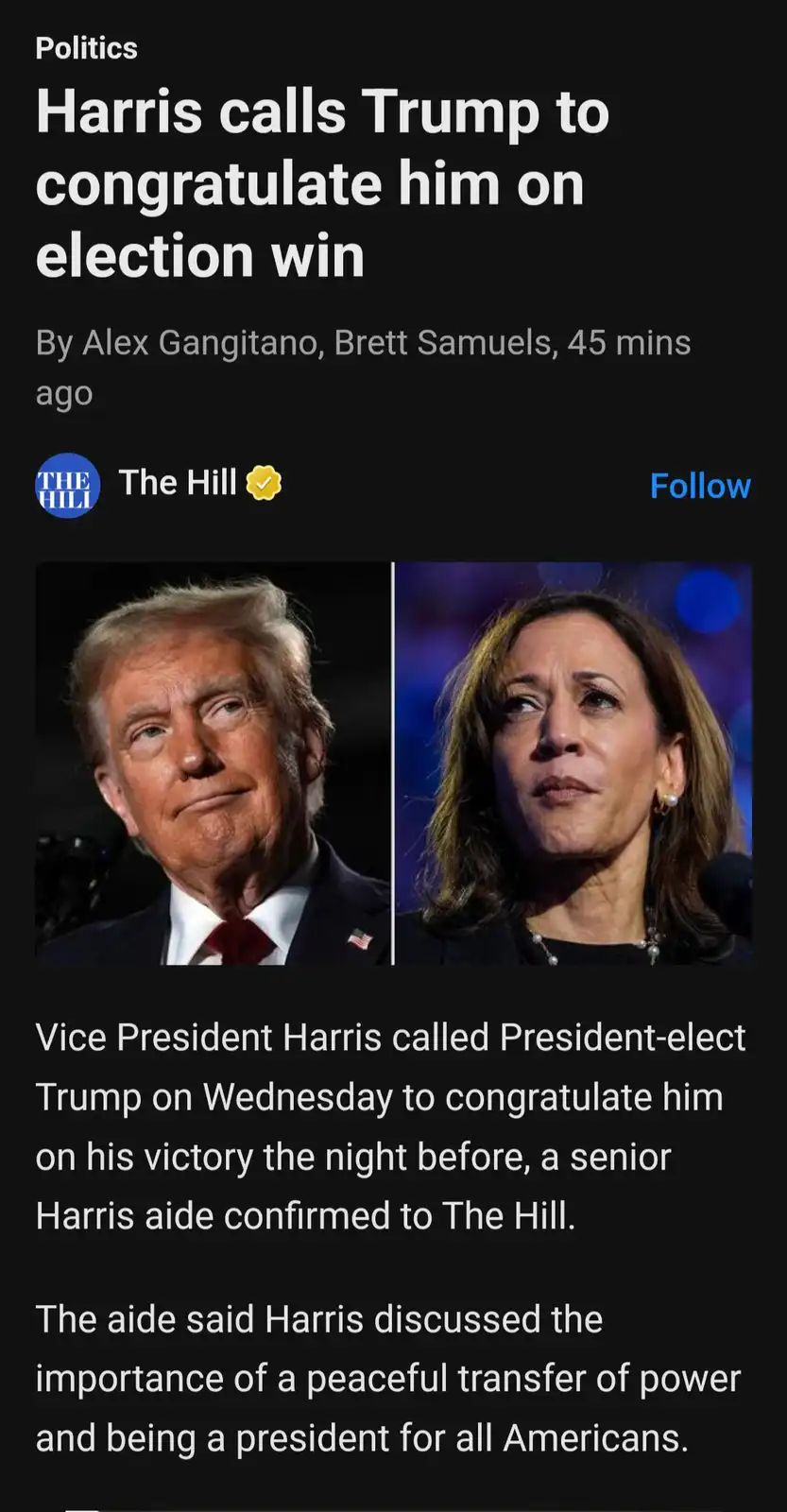 A screenshot of a news article from 'The Hill' shows a split image of Donald Trump and Kamala Harris. The headline reads…