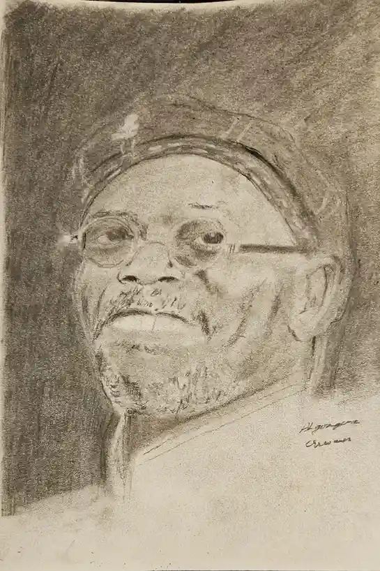 A charcoal sketch of an elderly Black man with glasses and a headwrap, looking directly at the viewer with a serious…
