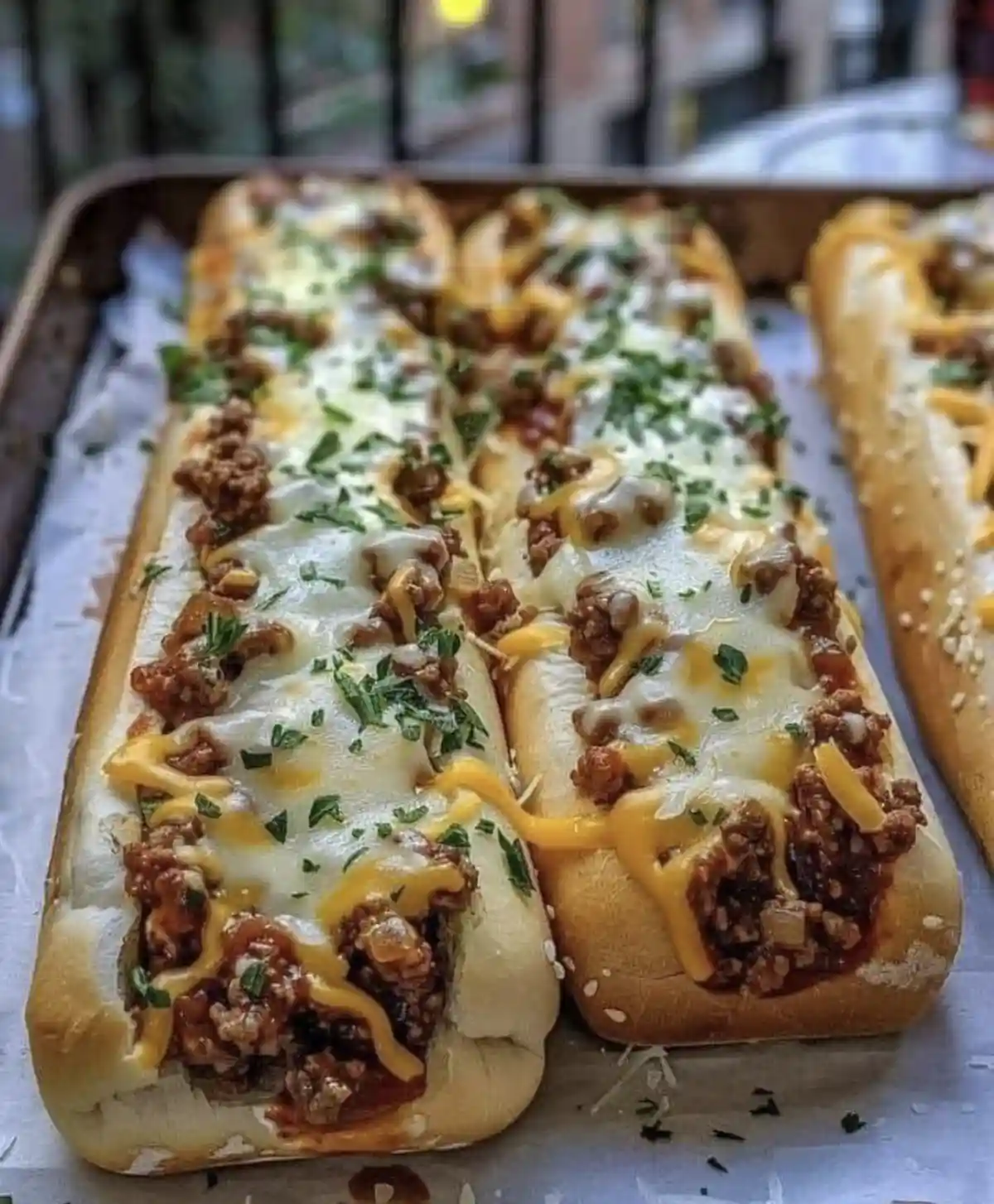 A close-up photo shows several long, toasted bread rolls on a baking sheet, each filled with meat sauce, melted white and…