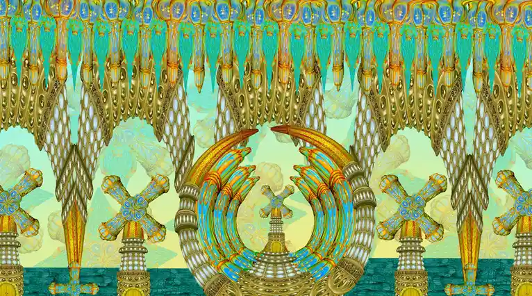 The image is a surreal, ornate digital artwork featuring repeating golden and turquoise architectural elements, including…