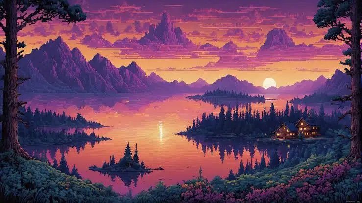 A serene, stylized digital painting depicts a tranquil lake at sunset, with purple and orange hues reflecting off the water…
