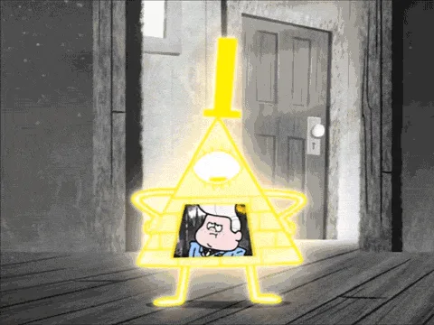 The image shows two rows of three panels each, depicting the animated character Bill Cipher from Gravity Falls. In the top…